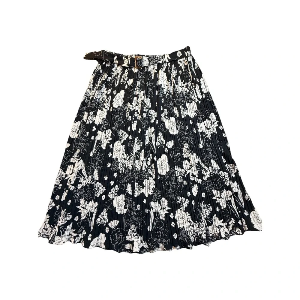 Alice Blue‎ Black/White Floral Pleated Flowy Maxi Skirt XL Belt Boho Preppy Work